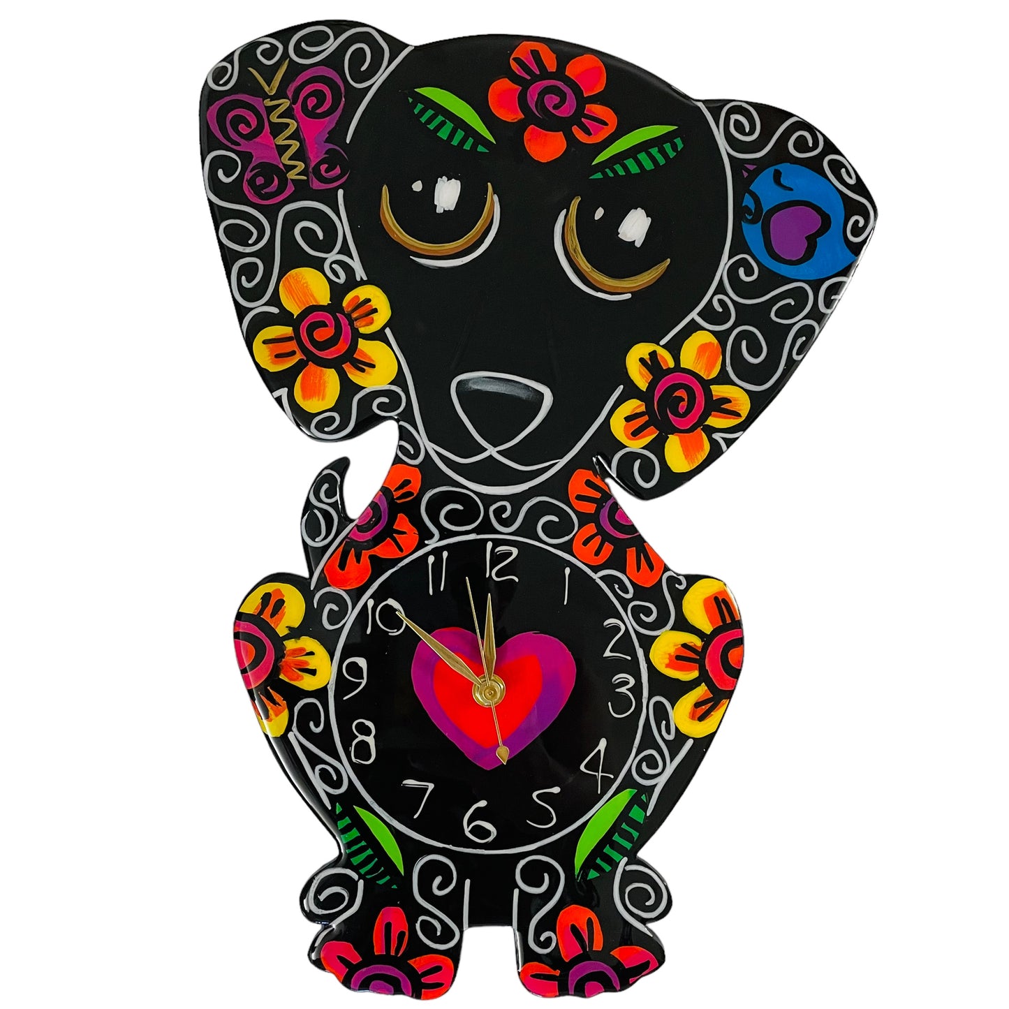 Dachshund Clock Black with Flowers.