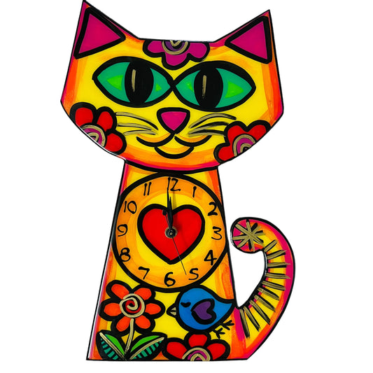 Cat clock Yellow with bird