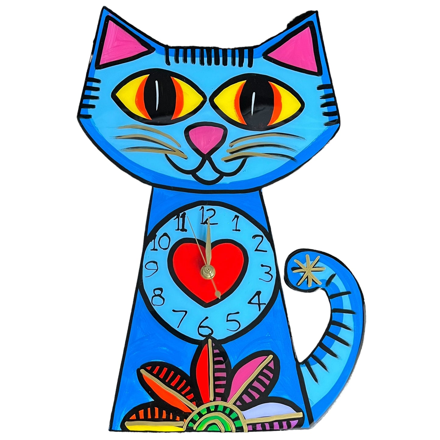 Cat clock Blue with Flower