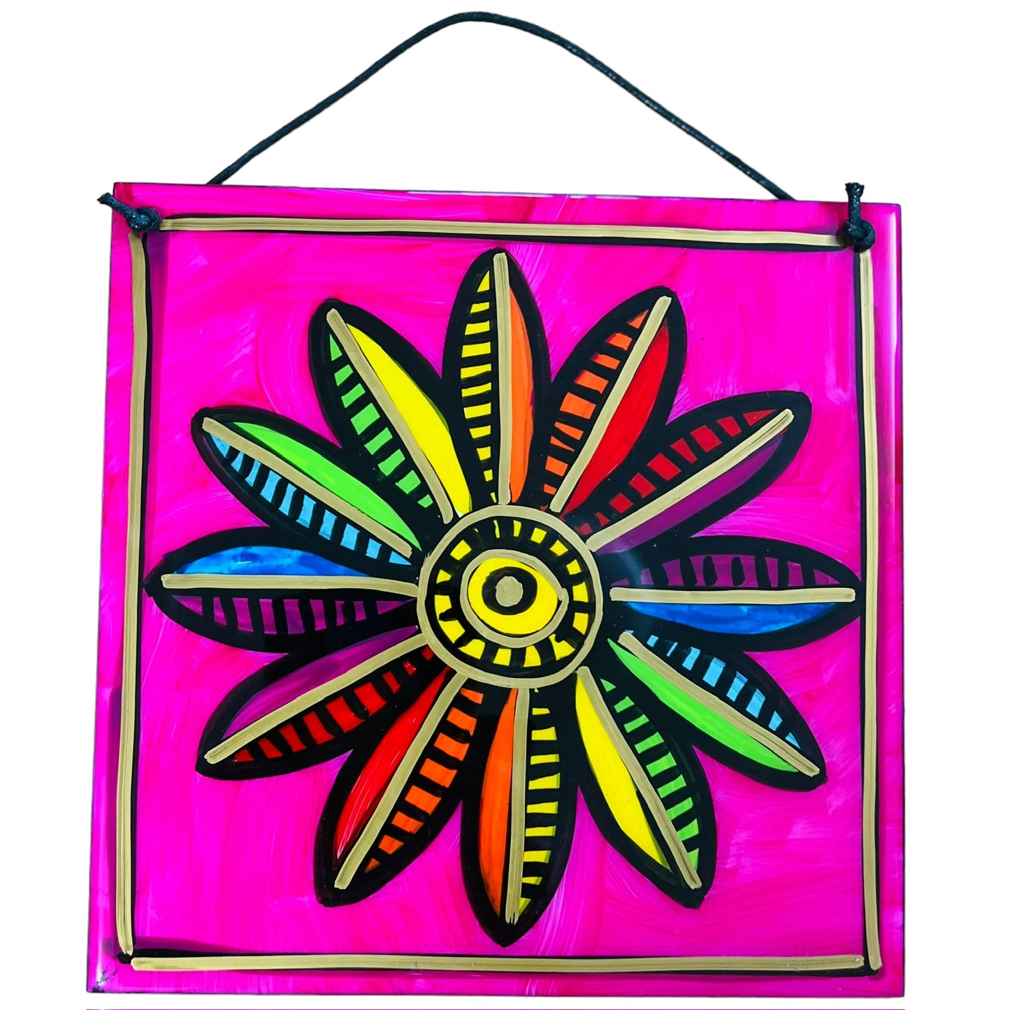 Rainbow daisy hanging tile 20x20cm. Made to order.