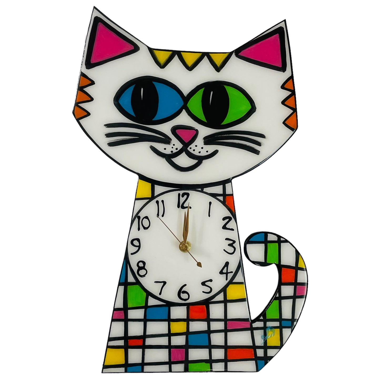 Cat clock White, retro squares.