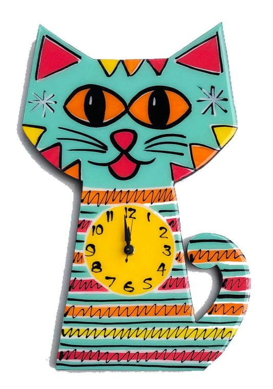 Cat clock Teal stripes