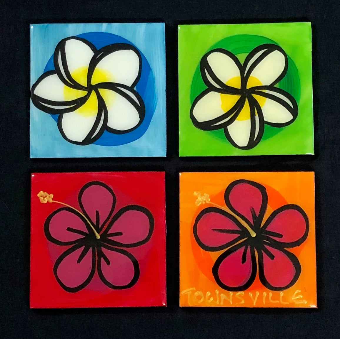 Frangipani and Hibiscus coasters (made to order).