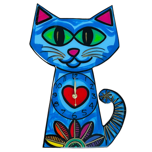 Cat clock Blue with Flower