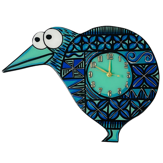 Kiwi clock, blue tapa design