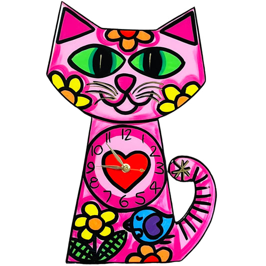 Cat clock Pink with flower