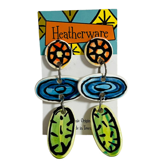 Earrings. Long Dangly, Yellow/Blue/Green.