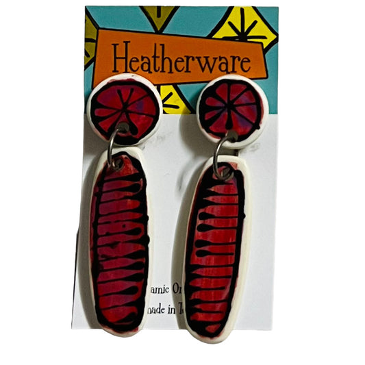Earrings. Dangly Rods, Red.