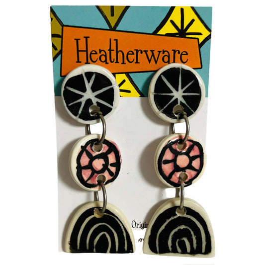 Earrings. Dangly, Black/White, Black/Pink/White.