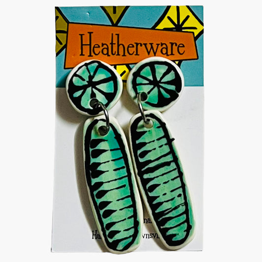 Earrings. Dangly Rods, Teal Green.