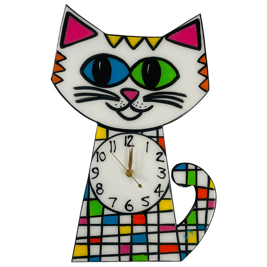 Cat clock White, retro squares.