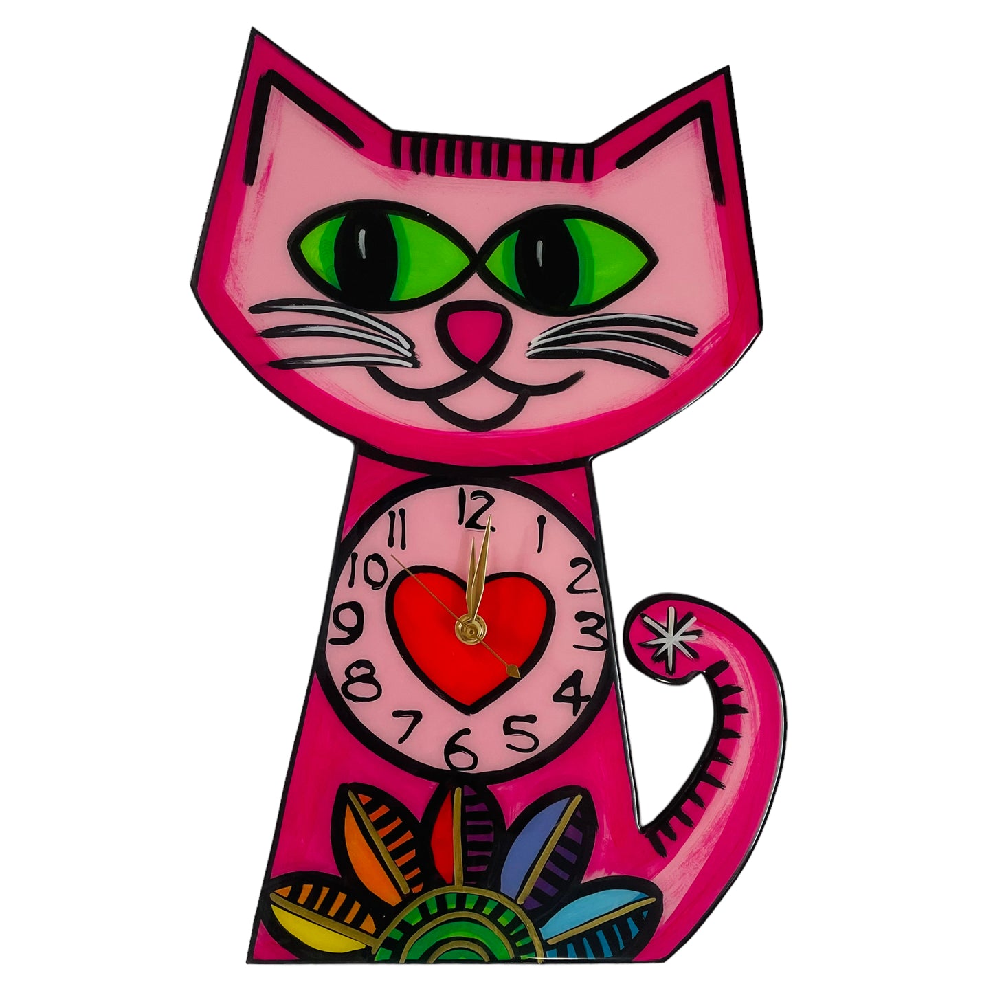 Cat clock Pink with flower